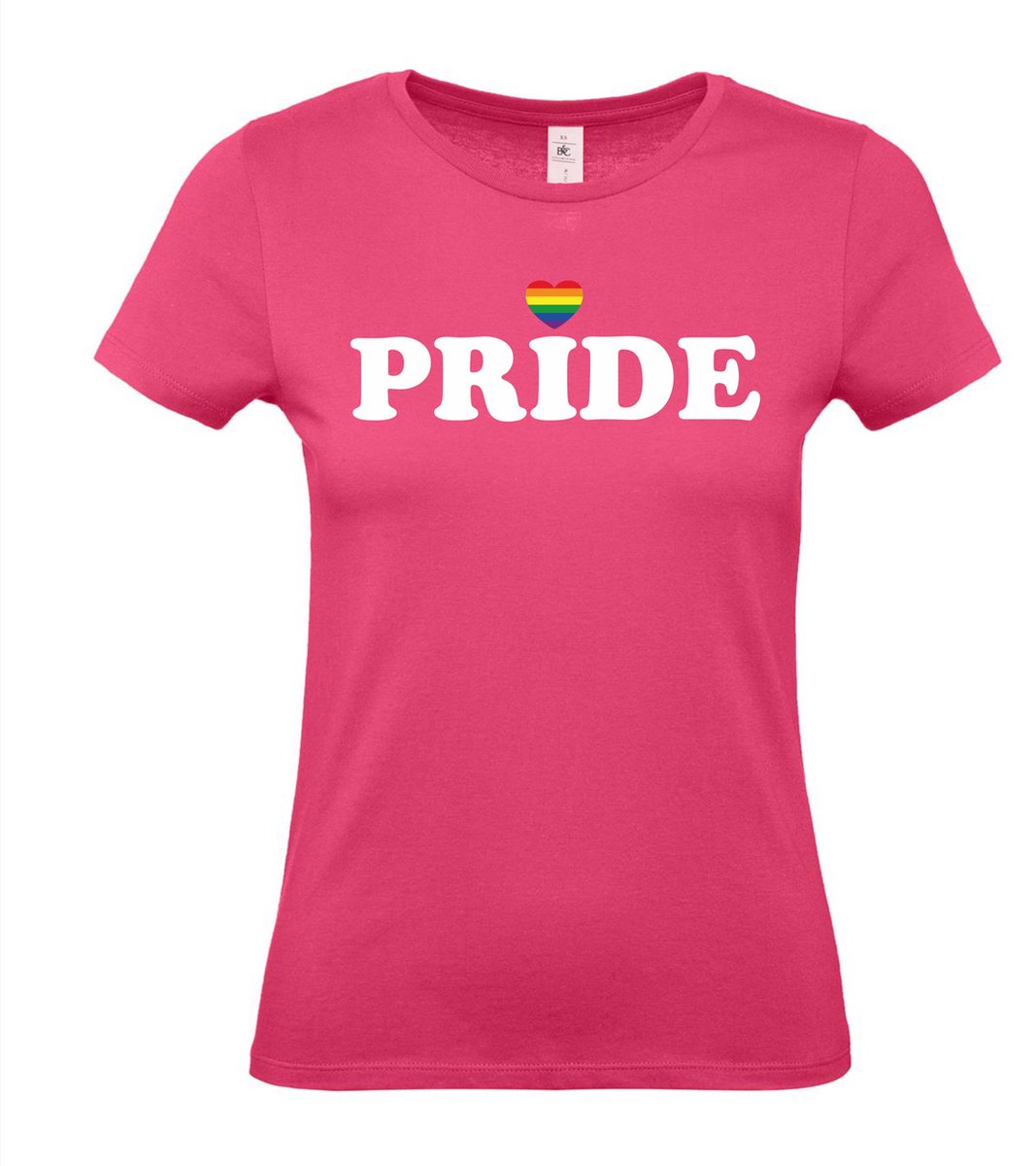 Dames t-shirt Pride met hartje | Regenboog vlag | Gay pride kleding | Pride shirt | Roze | maat S